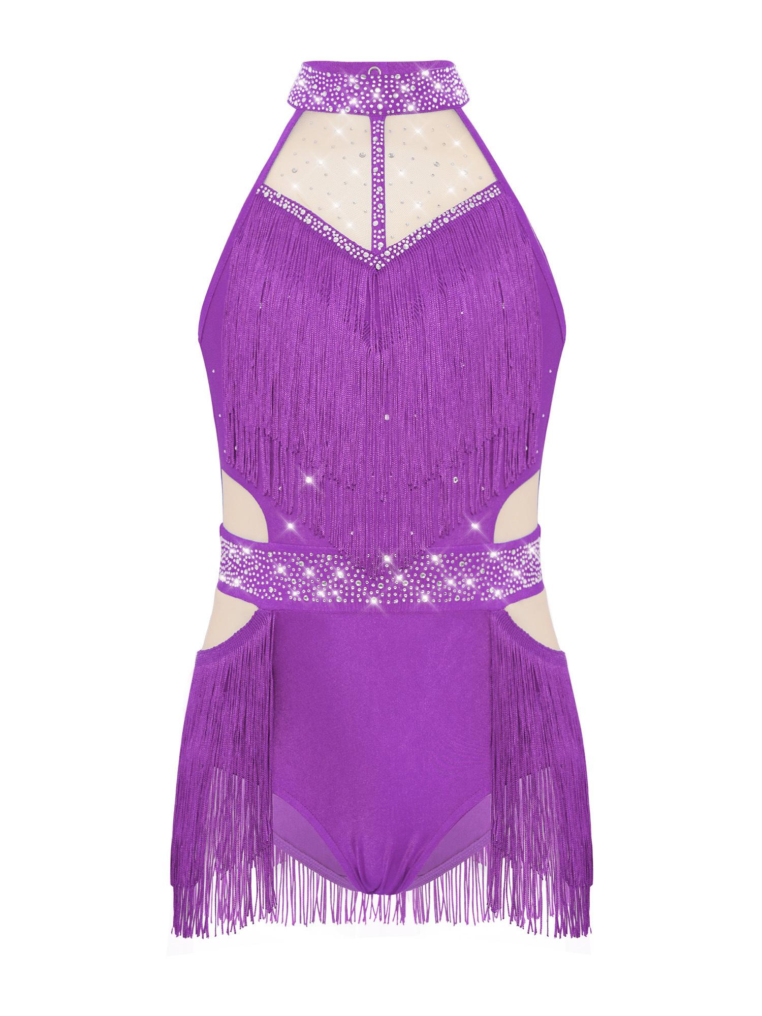 

Дівчачий боді для латиноамериканських танців без рукавів з вирізом на спині, прозорою сітчастою вставкою, блискучими стразами та бахромою 5-6 Years фіолетовий