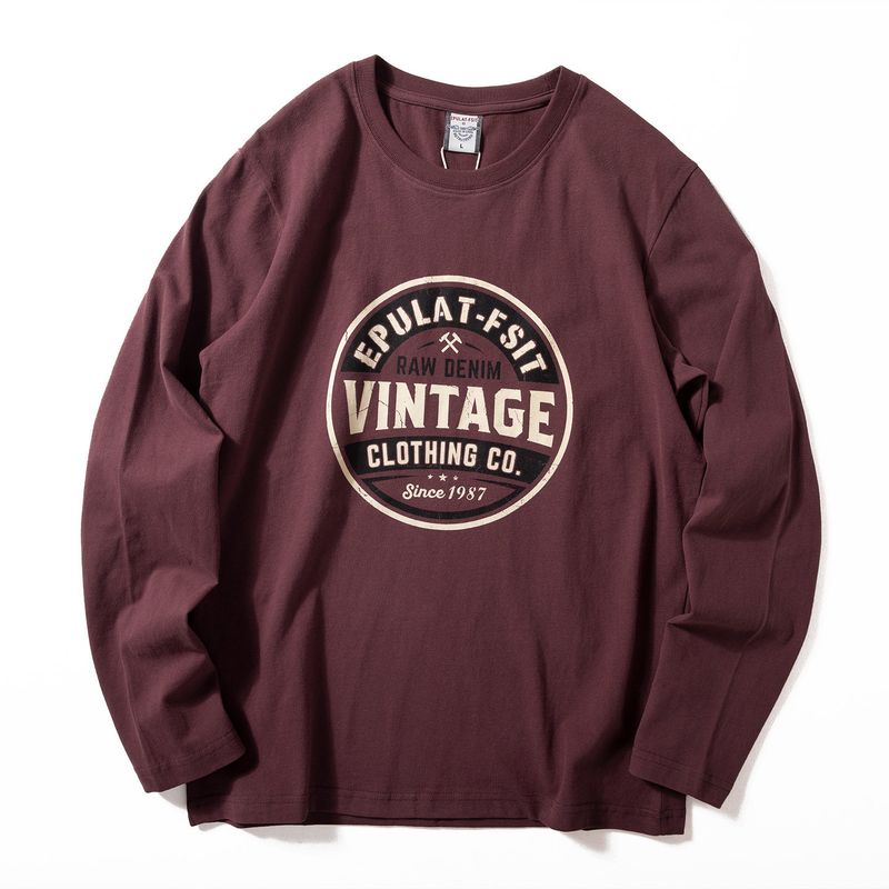 Long-Sleeved T-Shirt for Men 2025 Autum New Style American Retro Printed Pure Cotton Brushed T-Shirt Round Neck Casual Bottoming Shirt