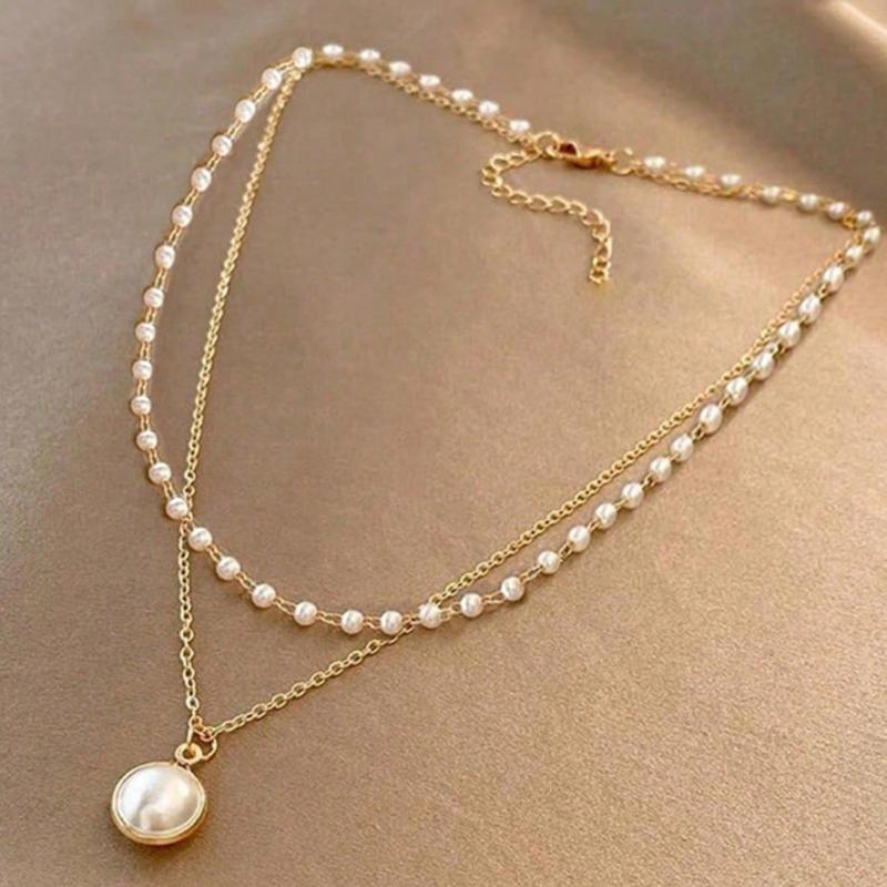 

1 шт. Гламурное многослойное колье из нержавеющей стали с искусственным жемчугом для женщин для повседневного украшения one-size золотой