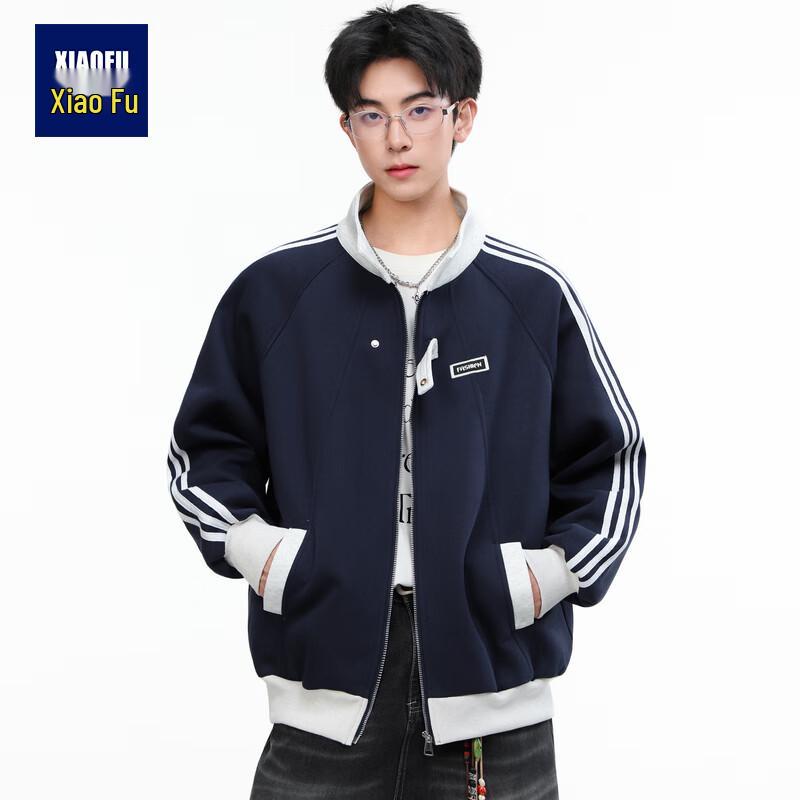 Xiaofu Унисекс Куртка-бомбер в американском стиле с цветными блоками и полосками 3XL