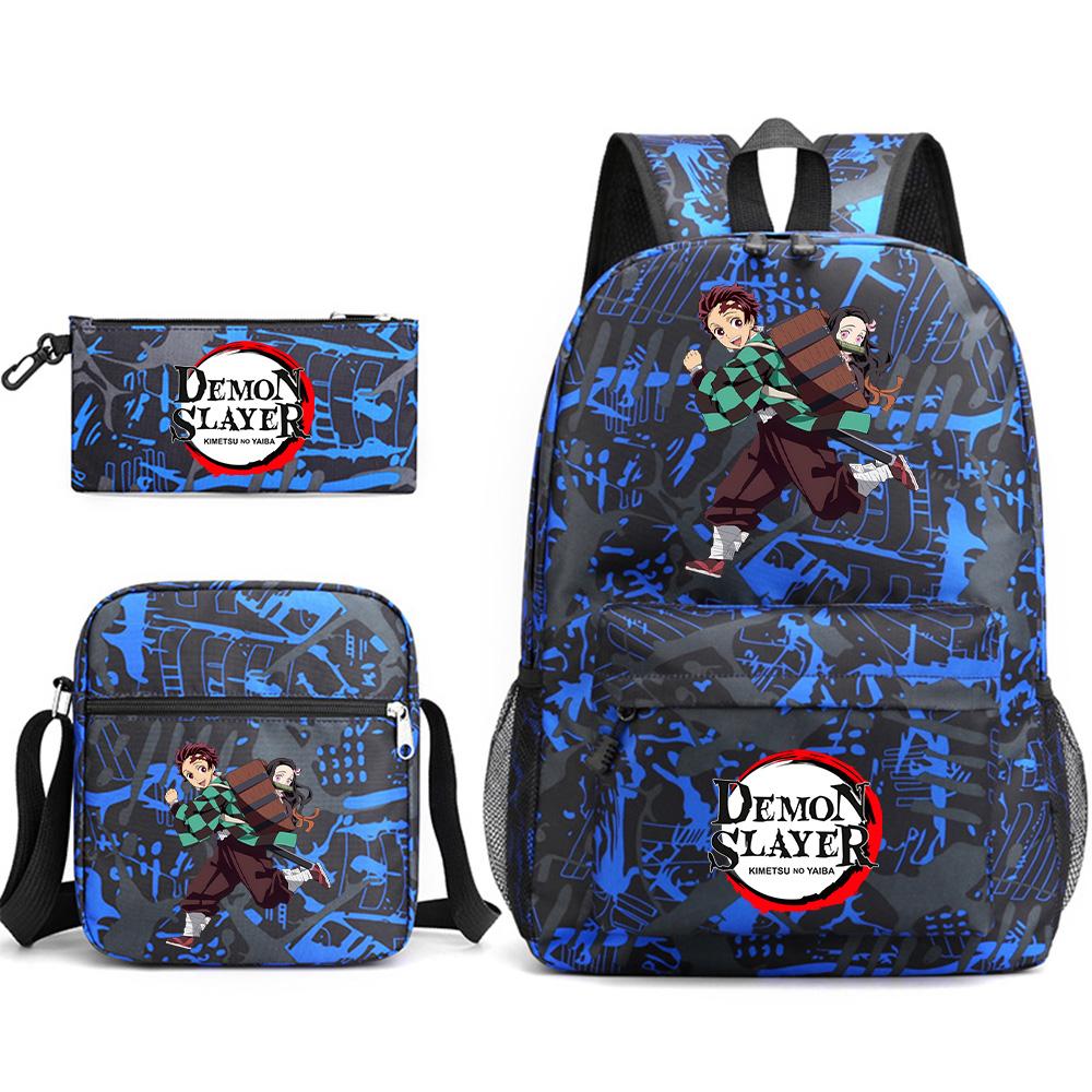 3Pcs/set Anime Printed Demon Slayer Backpack with Shoulder Bag Pencil Case for Teen Student Boy Girl Large Capacity Waterproof Bookbag Travel Bag