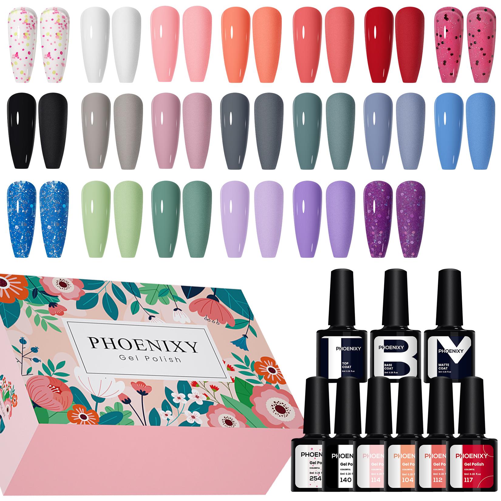 

PHOENIXY 20 шт. 8 мл гель-лака для ногтей 3 флакона базы и глянцевого матового верхнего покрытия Набор для замачивания гелевых ногтей Подходит для всех сезонов Подарки с гель-лаком 23pcs 04