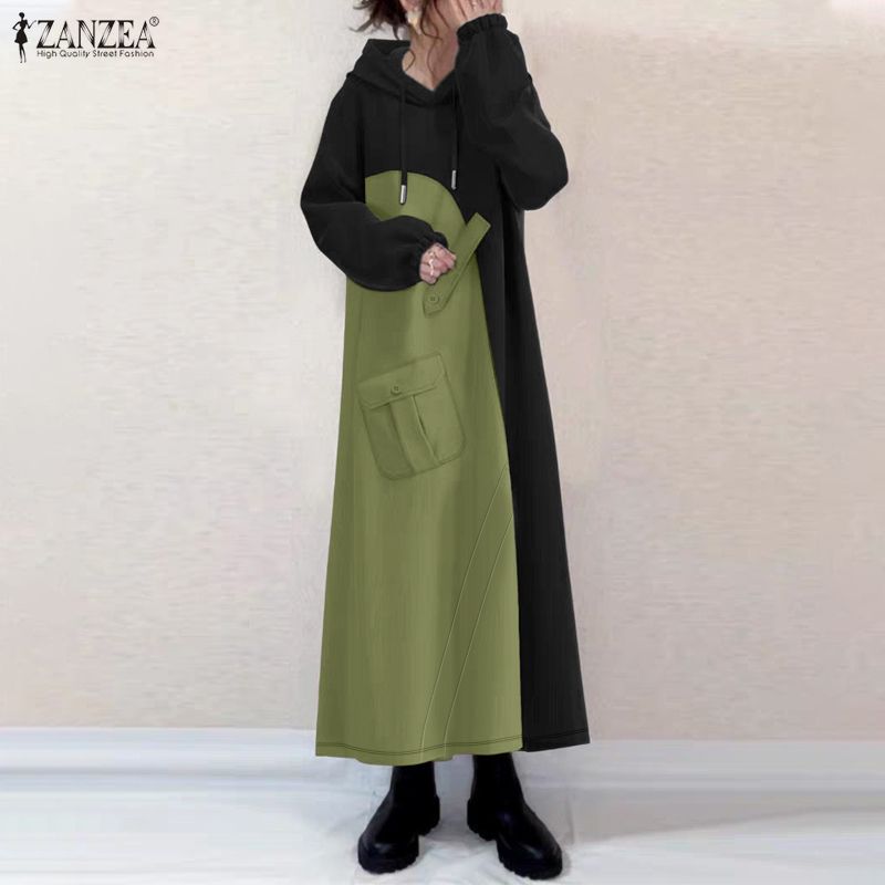 ZANZEA Women Hoodies Casual Long Sleeve Patchwork Sweatshirt Dress