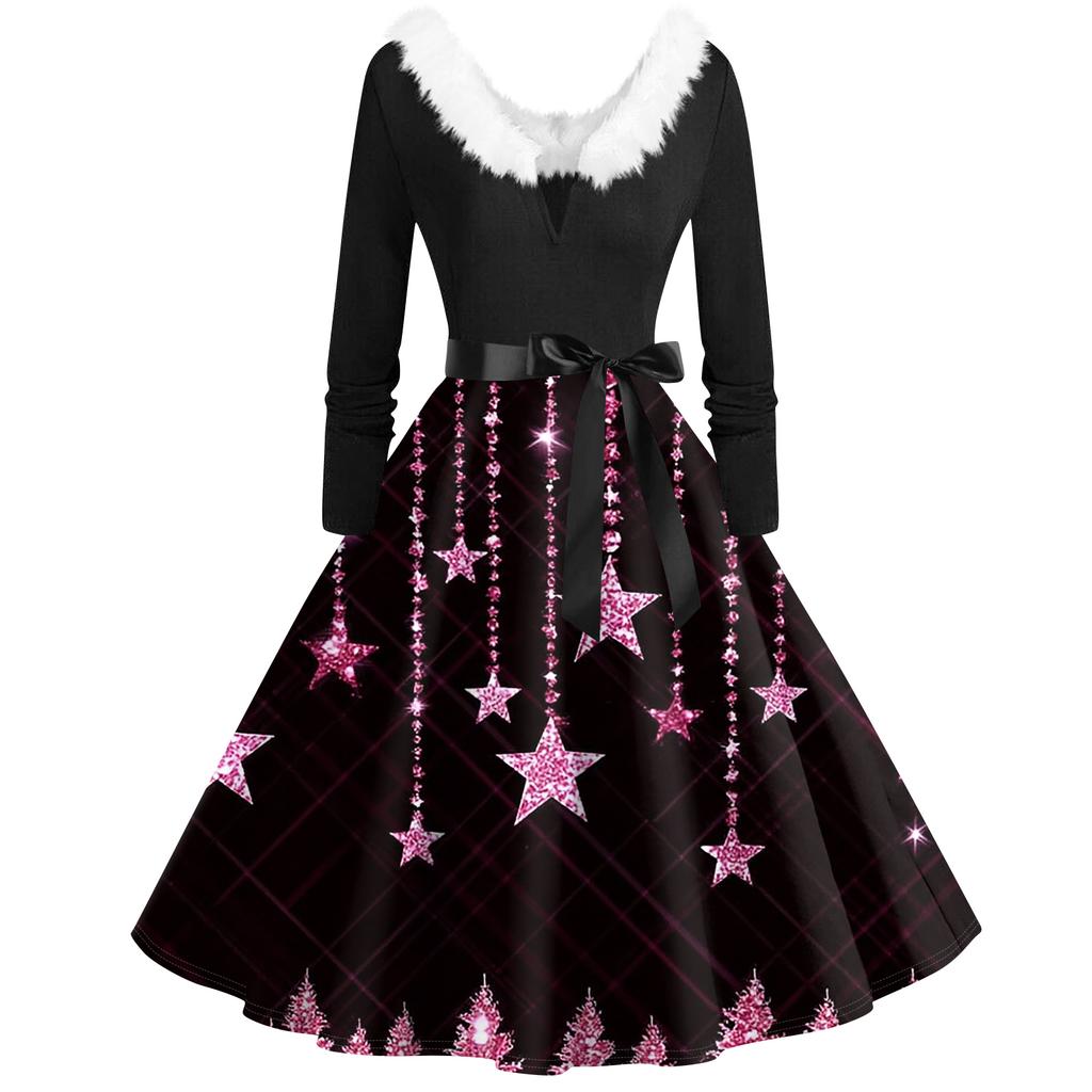 Damenmode V-Ausschnitt Lässig Schlank Weihnachten Bedruckt Langarm Haarkragen Kleider