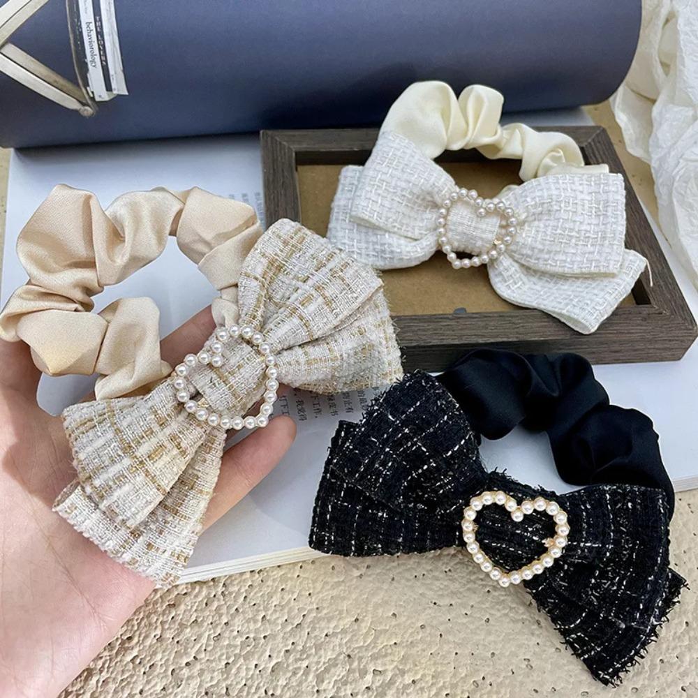 

Stripe Design Ponytail Holder Bands Sweet Pearl Heart Hair Ties High Quality Bow Hair Rope Rings