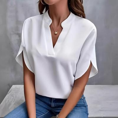 Einfarbige Bluse mit Kerbkragen, lässige Bluse mit kurzen, geschlitzten Ärmeln für Frühling und Sommer, Damenbekleidung
