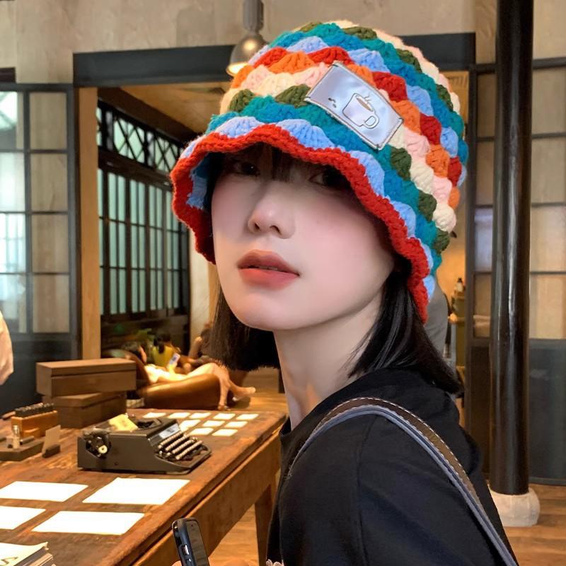 Dopamine Rhombus Rainbow Knitted Bucket Hat Women'S Autumn And Winter Korean Version Versatile Face Small Wool Hat Literary Bucket Hat