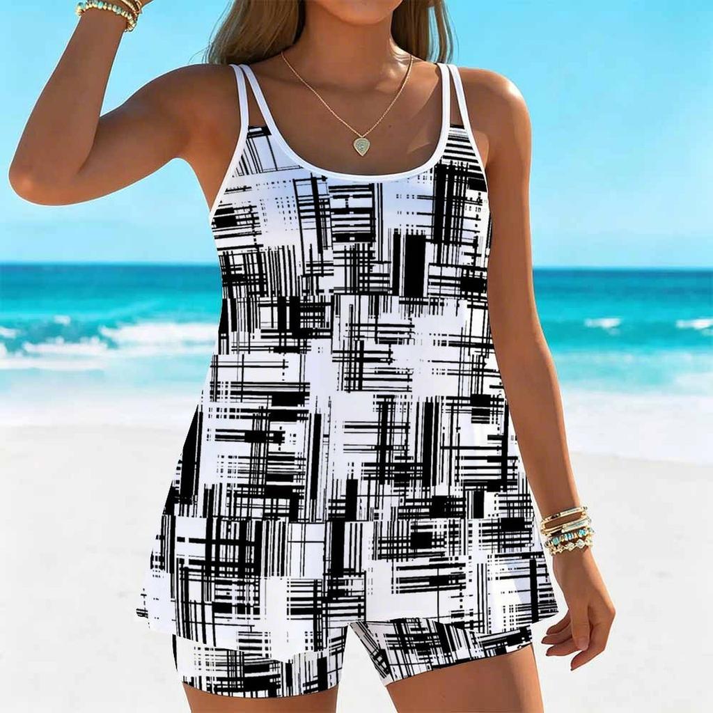 Women's Swimwear Tankini 2 Piece Swimsuit Vertical Ink Splatter Vacation Bathing Suits