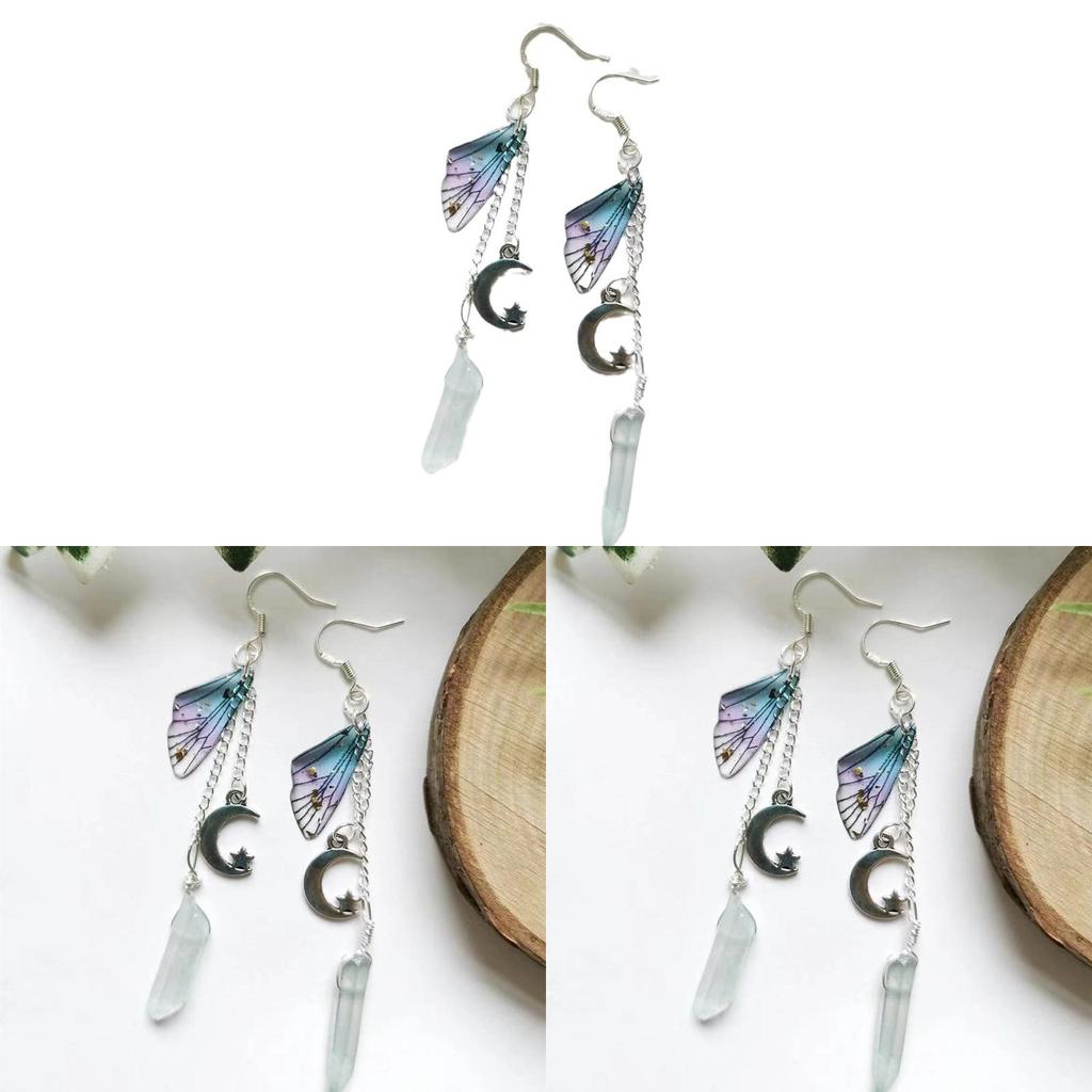 Moon And Star Quartz Crystal Butterfly Wing Hoop Earrings For Women With Silver Plating