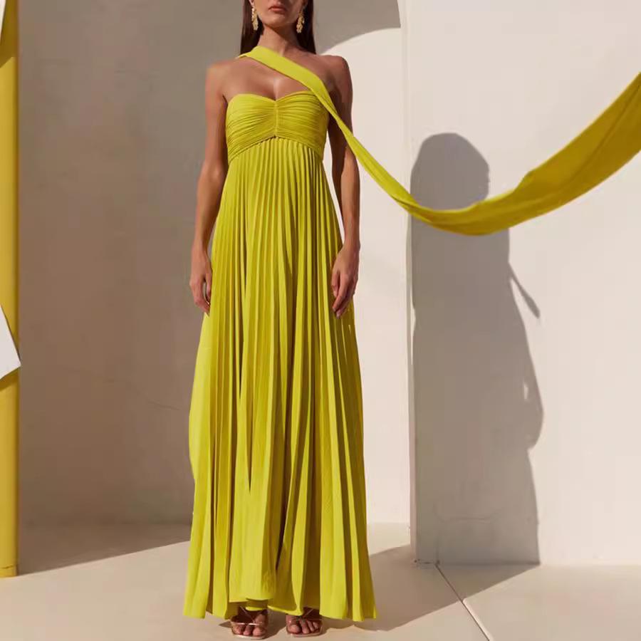 Women's Fashion Pleated Bandeau Dress - Sleeveless, Solid Color, New Arrival