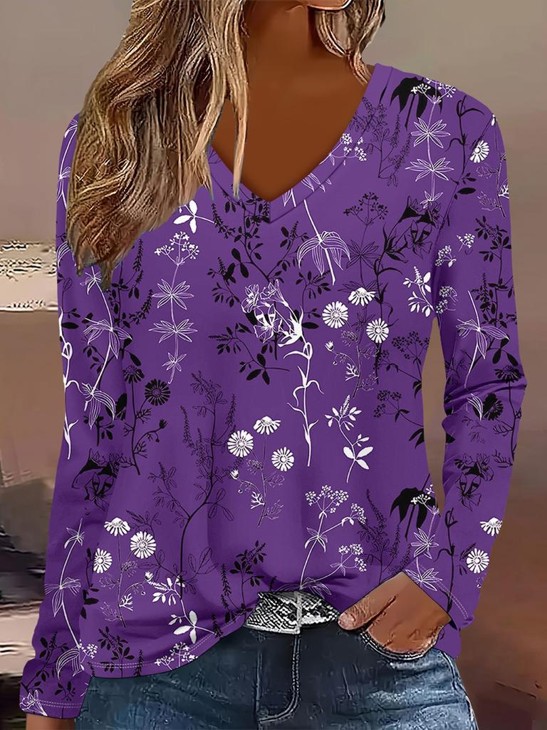 Women's Elegant V-Neck Marble Print Long Sleeve T-Shirt Soft Polyester Great for Autumn and Winter Casual Wear Floral Print Tops