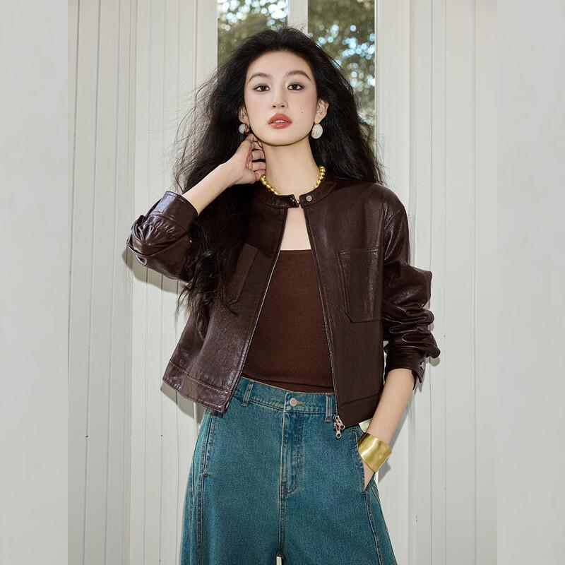 Bailuyu Motorcycle Style Genuine Leather Short Jacket
