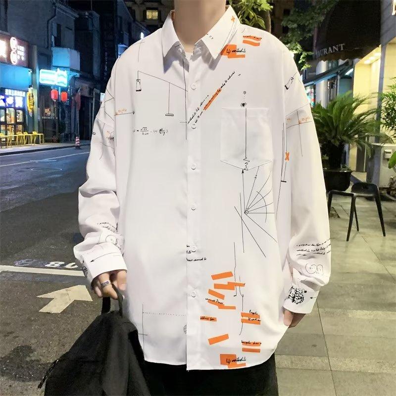 Hong Kong Style Long Sleeve Shirt Men's Trendy Japanese Style Slim-Fit Printed Shirt Spring and Autumn Fresh Korean Style Student Casual Shirt