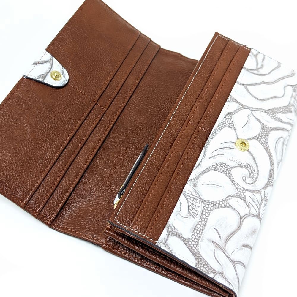 Karukuru Women's Floral Embossed Flap Long Wallet, White (FRS-EN005)