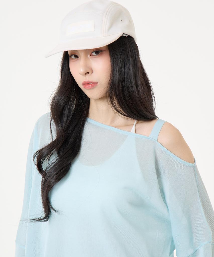 UNKNOWN PLANET Off-Shoulder Logo Long Sleeve Knit Light Blue