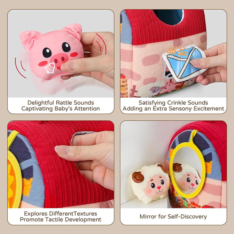 Baby Toys 6-12 Months, Barn Toys with Stuffed Farm Animals for Toddlers 1-3 Baby Plush Beehive wtih Rattles Squeaker Mirror