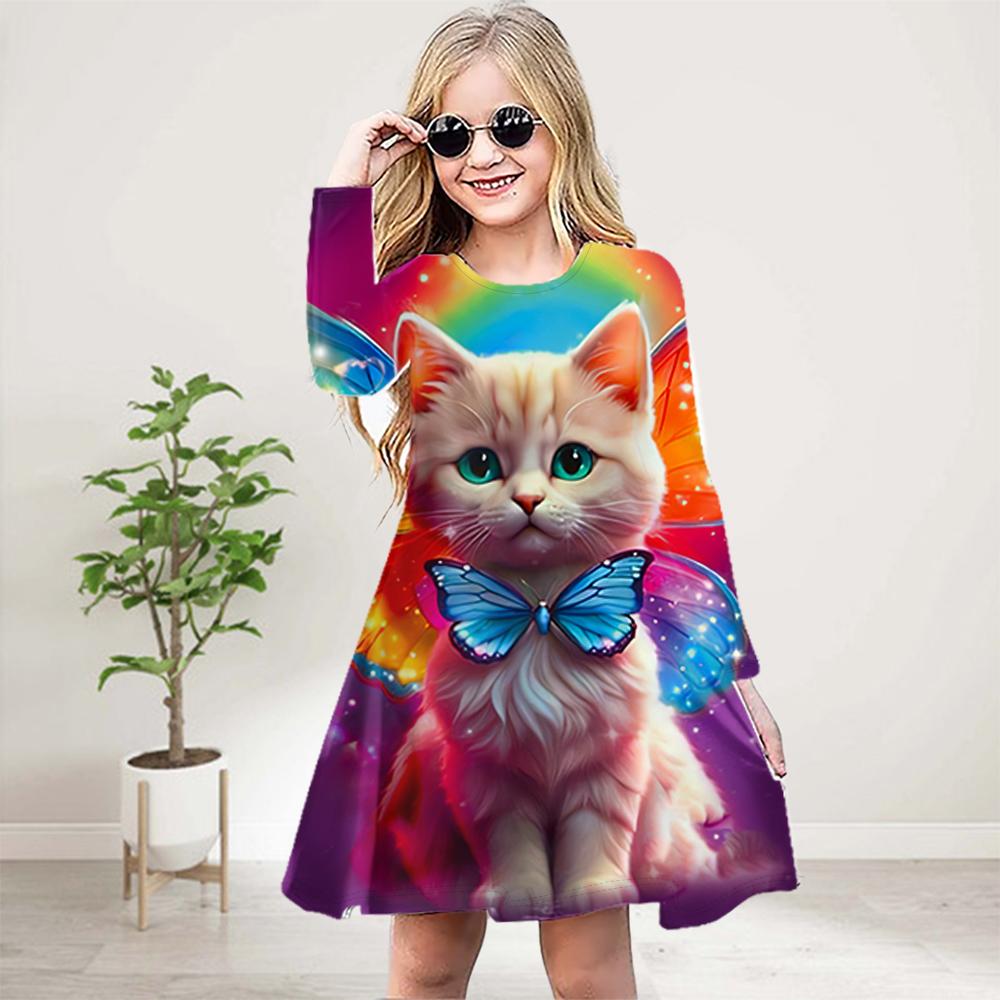Girl Casual 3D Print Crown Cat Round Neck Long Sleeve Dress Kid Princess Dress