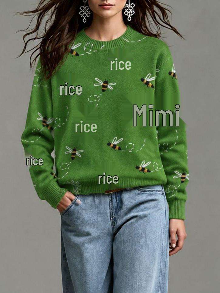 Plus Size Women's Bee Print Jacquard Pullover Sweater - 2026 Autumn/Winter Collection