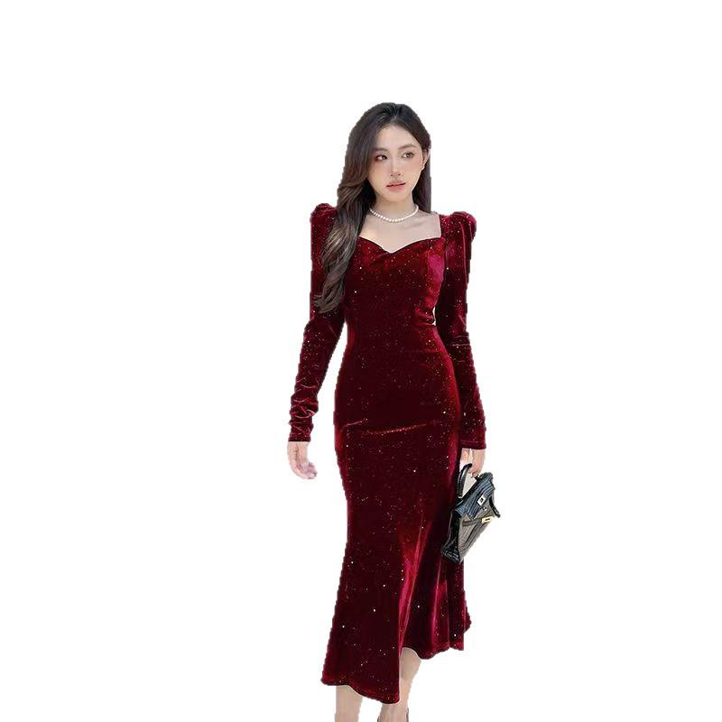 Plus Size French Style Velvet Mermaid Skirt: Slimming Hepburn-Inspired Dress for Autumn/Winter