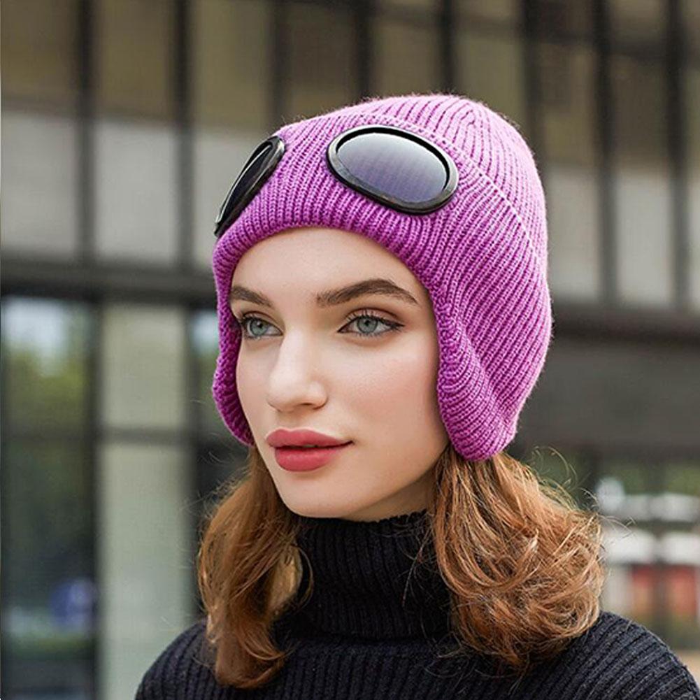 Lady Winter Thicken Warm Hat with Glasses Knitting Wool Skiing Riding Outdoor Warm Beanies
