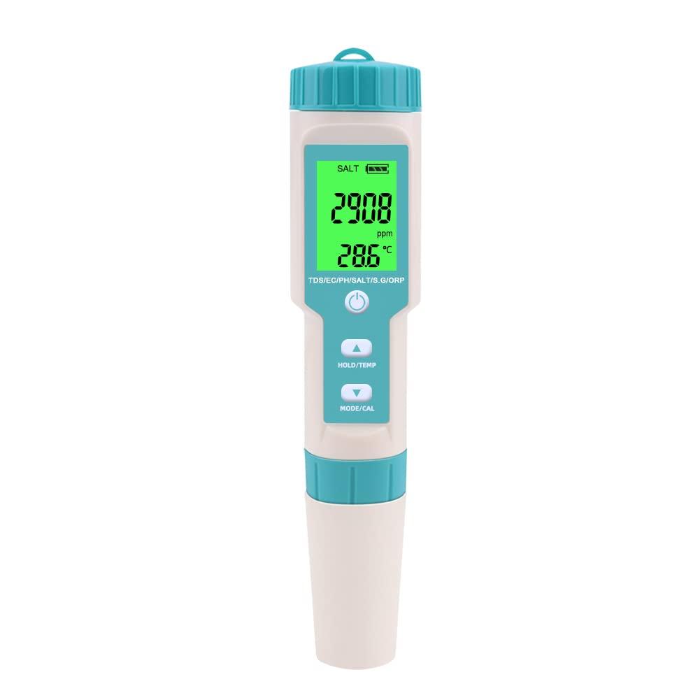 

7-in-1 pH/EC/TDS/Salinity/SG/ORP/Temp Meter with Backlight and Calibration Powders for Water Quality Testing