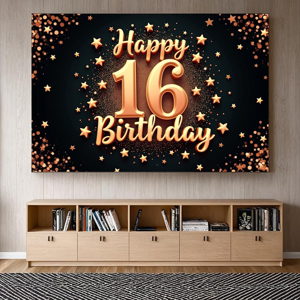 Złoty Motyw Znak Happy Birthday Baner Urodzinowy Dekoracja na 16. Urodziny do Wnętrz tło do zdjęć