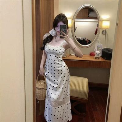 Lace Lace Splicing Halter Polka Dot Dress Women's Summer New Design Sense Thin Lace-up Vest Long Dress Tide