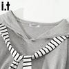 Women's Striped Tie-up Navy Collar Long Sleeve T-shirt