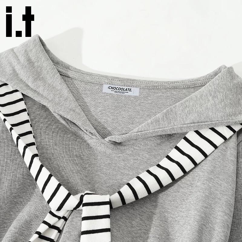 Women's Striped Tie-up Navy Collar Long Sleeve T-shirt