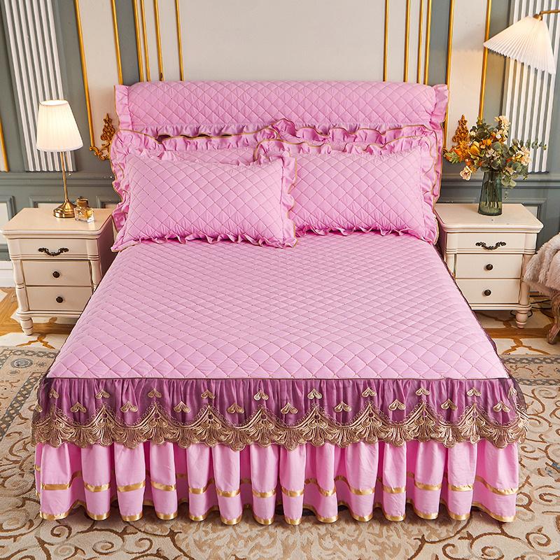 European solid color washed padded bed skirt four-piece set lace lace princess wind bed cover non-slip fixed Nordic