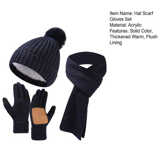 3Pcs/Set Winter Hat Scarf Gloves Set Solid Color Thickened Warm Plush Lining Elastic Brimless