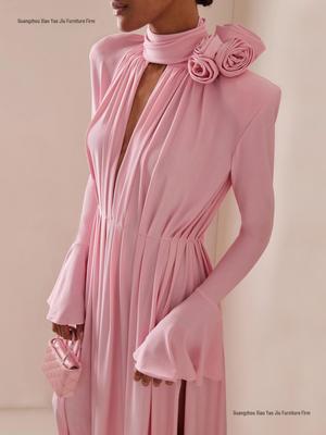 High-End Retro Formal Dress: Deep V Halter Neck, Pleated with 3D Floral Accents.