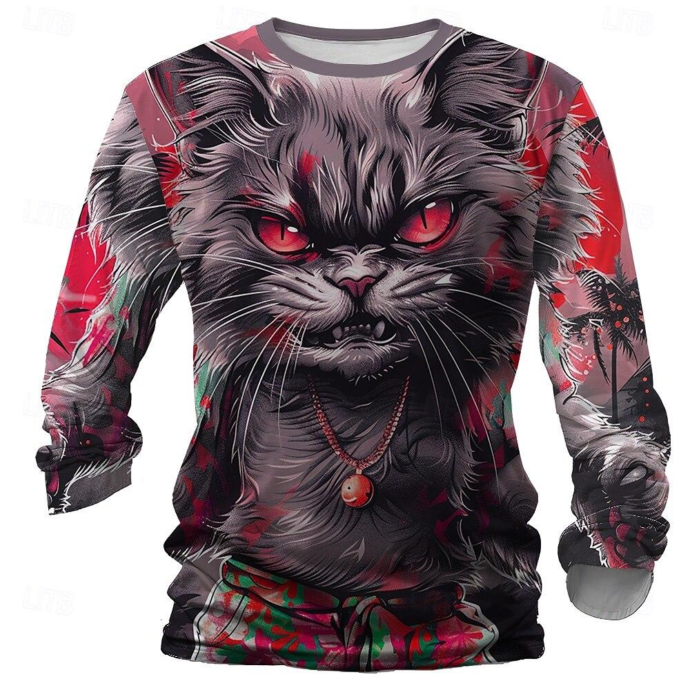 3D Print Cats Graphic Men's T-Shirts Fashion Creative Design Long Sleeve Round Neck Pullover Tops Autumn Casual Comfortable Tees