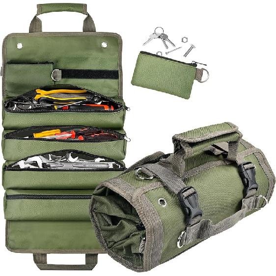 

Tool Bag Organizer Roll Up: Gifts for Men Dad Christmas Stocking Stuffers Birthday Motorcycle Tool Portable Box Woodworking Gift for Him Husband зелёный