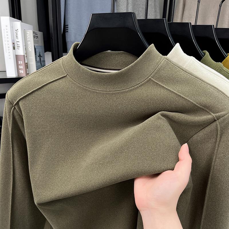 Men's Thickened Warm Long-Sleeve Hoodie, 2025: Half-High Collar, Double-Sided German Fleece, Self-Heating Solid Color Base Layer