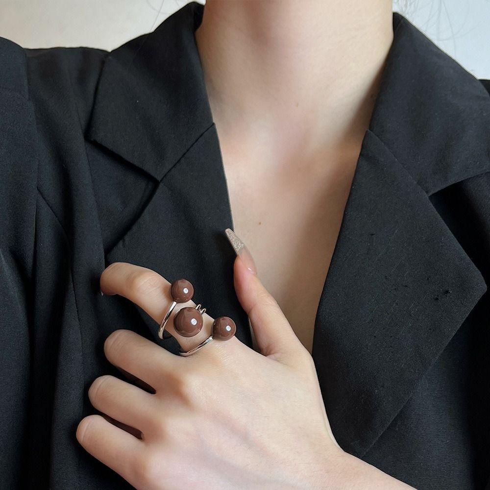 Imitation Opening Rings Chocolate Color Exaggerated Ring Elegant Pearl Rings  Women