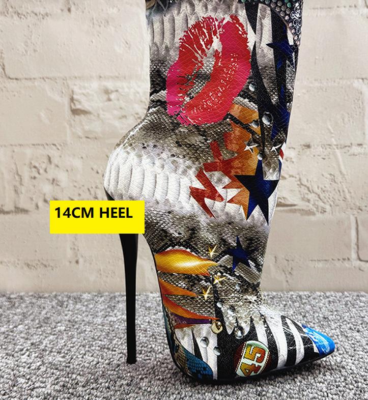 

Модные женские ботильоны FHC на высоком каблуке 14 см, короткие ботильоны с граффити губами, женские зимние туфли для танцев на пилоне, боковая молния, острый носок, дропшиппинг 45