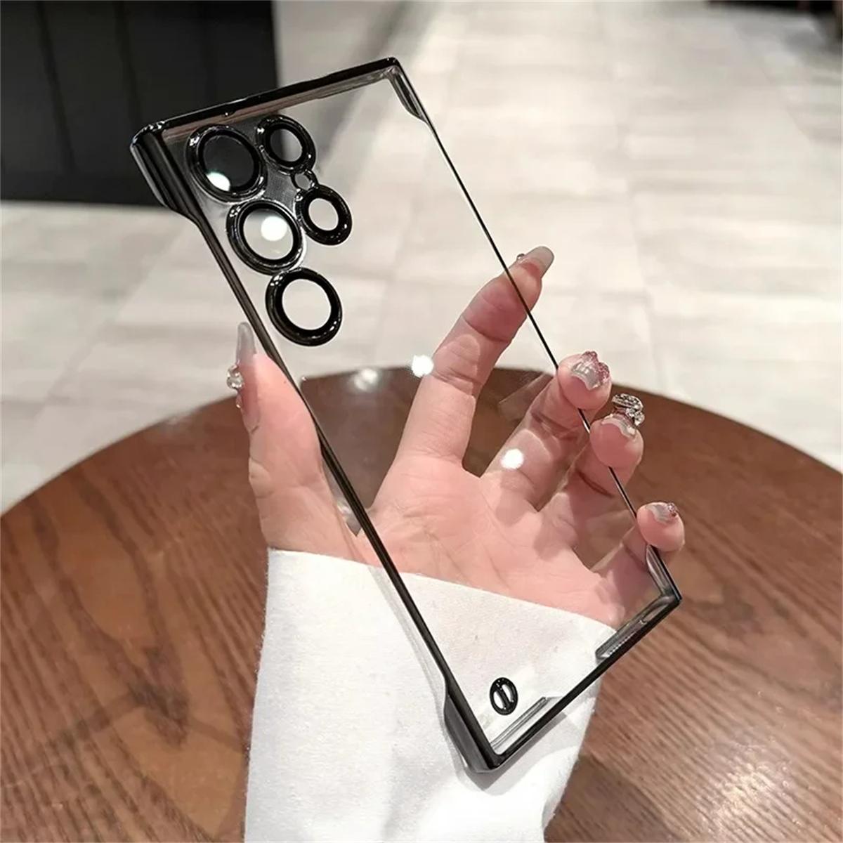 

Роскошный чехол без рамки с покрытием для Samsung Galaxy S25 S24 Ultra S23 S22 Прозрачный защитный объектив камеры Ударопрочный жесткий чехол Samsung S25 Ultra чёрный