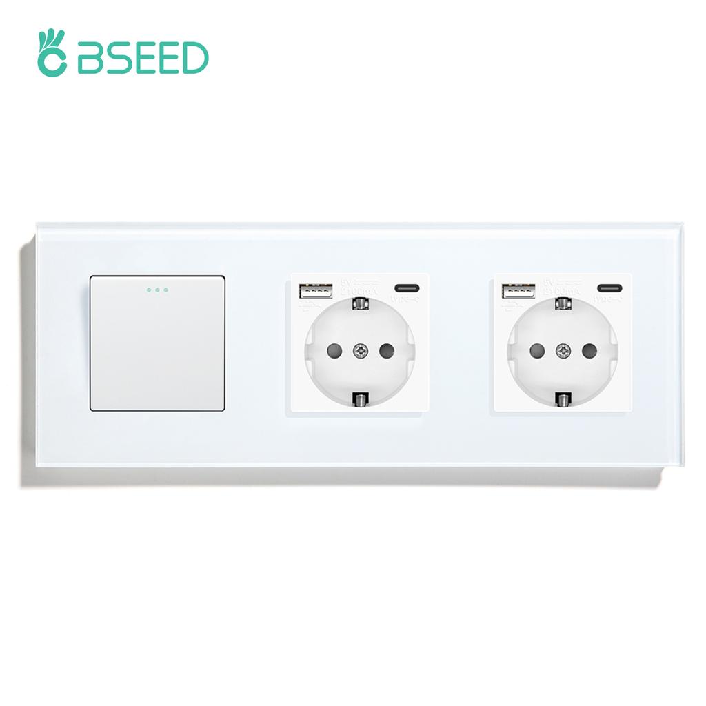 BSEED 1/2/3-fach Mechanische Taster Wandschalter Ein Aus Glas Stromschalter 2,1A Typ-C USB-Steckdose EU-Standard 1-Weg