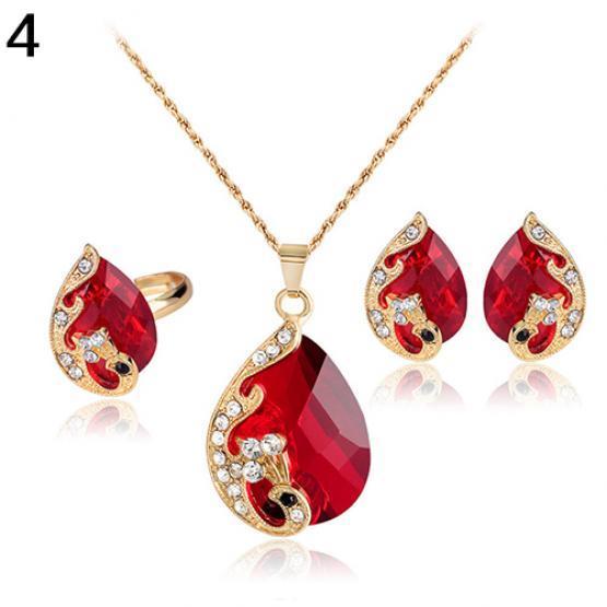 Women's Rhinestone Pendant Necklace Earrings Ring Party Wedding Jewelry Set AVE