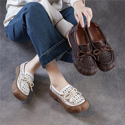 Soft Cowhide Flat Sandals Genuine Leather Hollow-out Breathable Soft Sole Women's Shoes