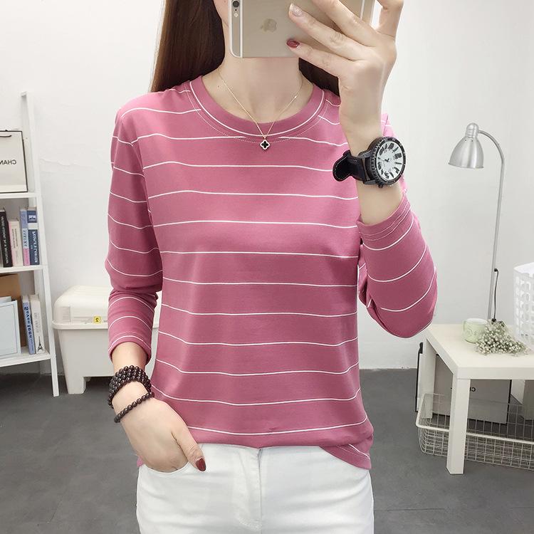 Women's Striped Round Neck Long Sleeve T-Shirt Base Bottom Tops