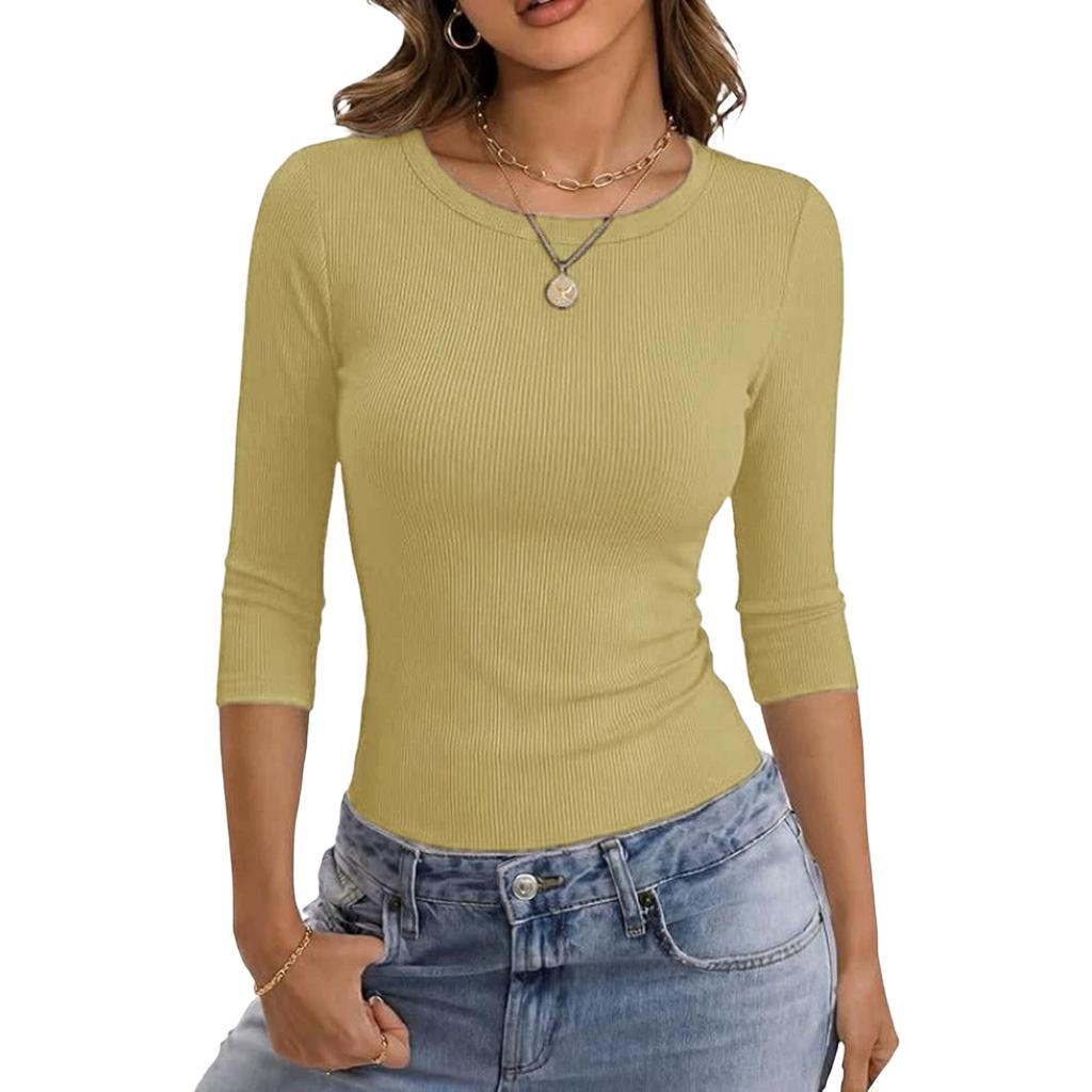 Women's Ribbed Slim Fit Top Three Quarter Sleeve Crew Neck Stretchy Knit Shirt Casual Basic Layering Tee