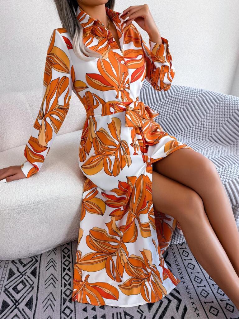 Abito Stampato con Colletto Revers Bottoni Vita Alta Elegante Abito Camicia per Donna Manica Lunga Abiti Ampi Abito Casual