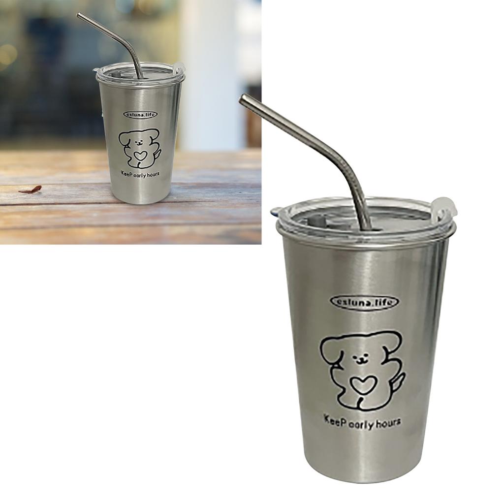 Kall Tumbler i Rostfritt Stål 500ml med Lock och Metallstrån Iskaffe Resemugg för Kaffe Vatten