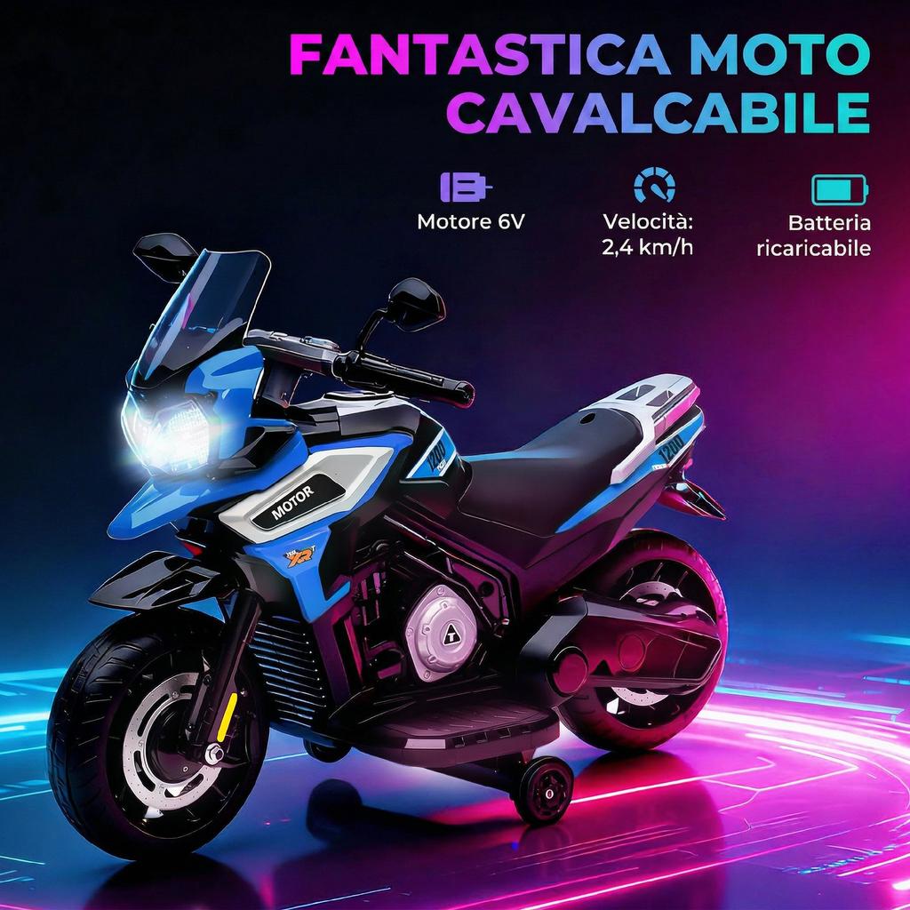 Moto Elettrica per Bambini con Rotelle, Specchietti e Poggiapiedi, in PP e Metallo, 85,5x44,5x56 cm, Blu