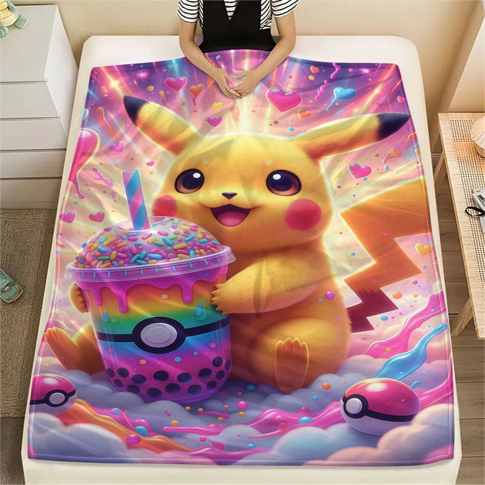 1Pc Pokemon drinks Print Flannel Blanket, High quality Comfortable for All Seasons, Home Decor, Warmth and Comfort, Perfect for Christmas Gifts