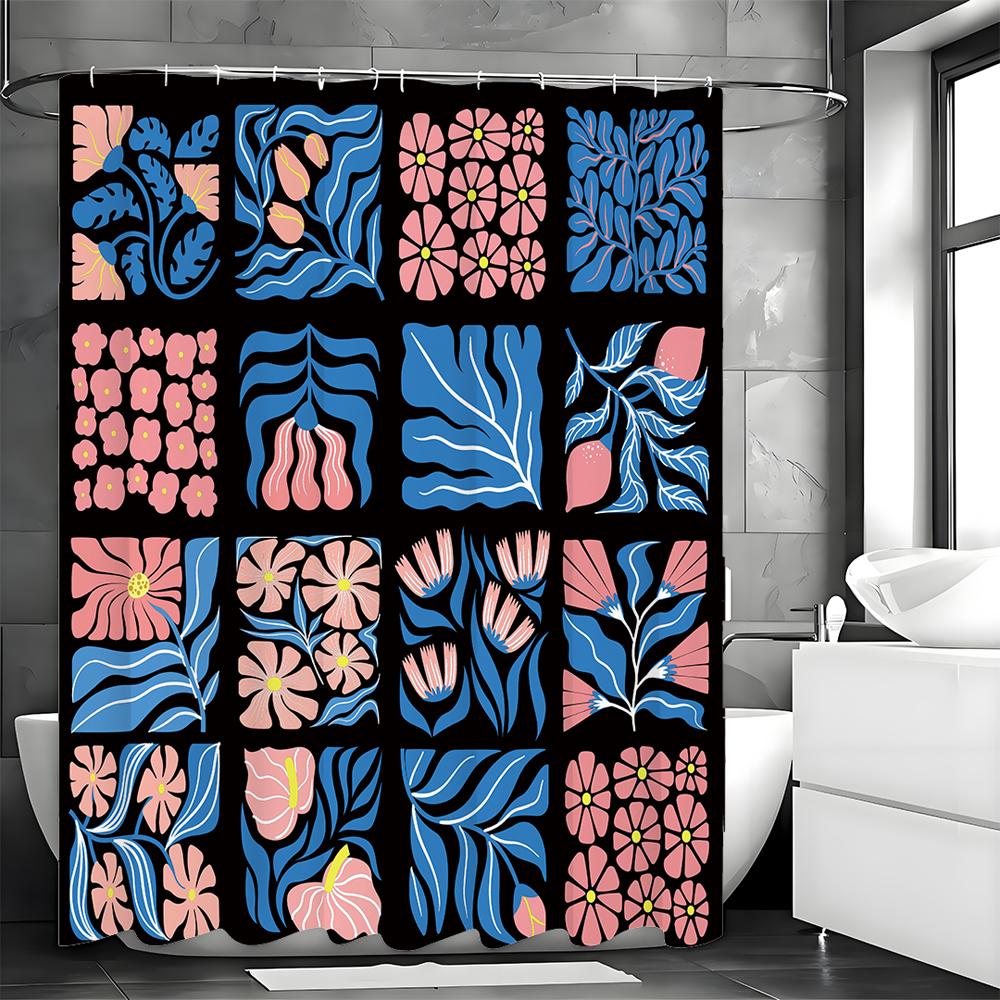 Floral Plant Collage Blue Pink Shower Curtain, Bathroom Decorative Shower Curtain, Waterproof Shower Curtain with Hooks