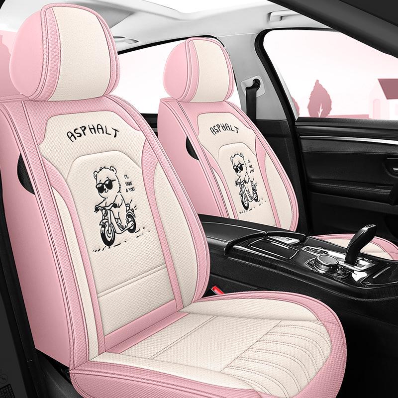 All-Season Linen Car Seat Cover - Breathable, Full Coverage with Cute Cartoon Design for Autumn/Winter