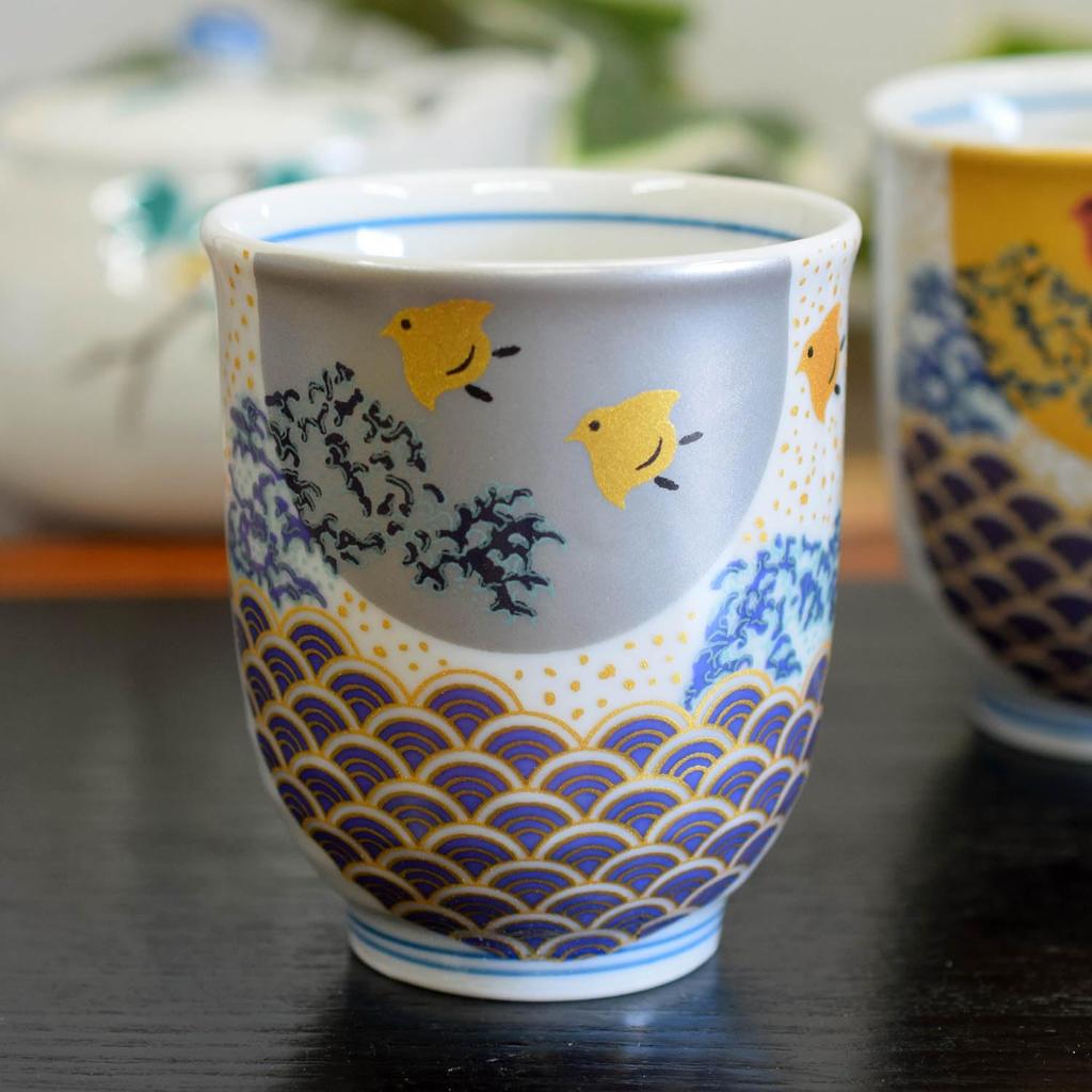 Waza No Kura Stylish Pair of Kutani Ware Teacups with Wave and Chidori Made In Perfect Gift for Wedding 60th 70th 77th 80th and 88th Birthdays